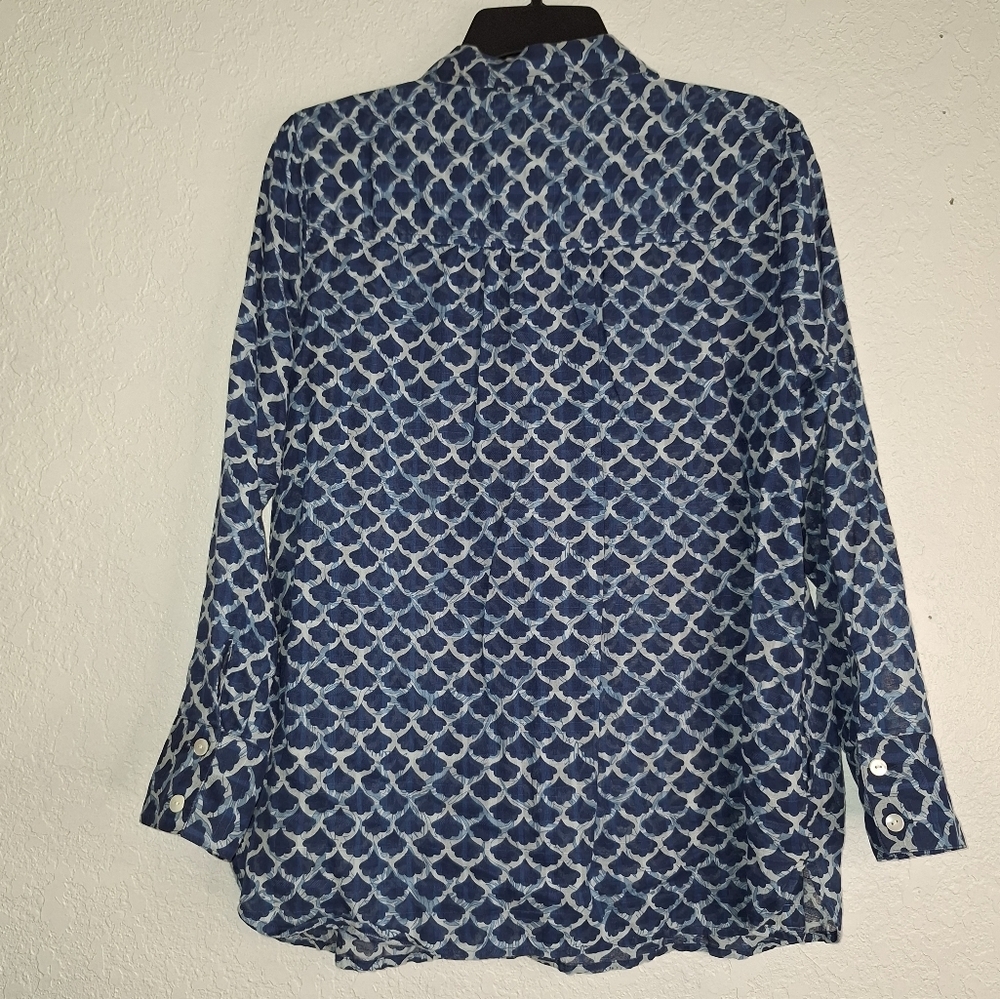 J Jill Blue Button Down Tunic Shirt W/Pockets Semi Sheer Petite Small - Picture 2 of 8